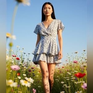 🎭 Blue Rain Floral Print Romper~White w/ Blue Floral Design~Women’s Sz Med~Lined